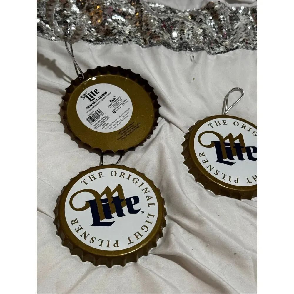 3x Miller Lite Beer Drink 5" Tin Metal Bottle Cap Christmas Tree Ornament NEW